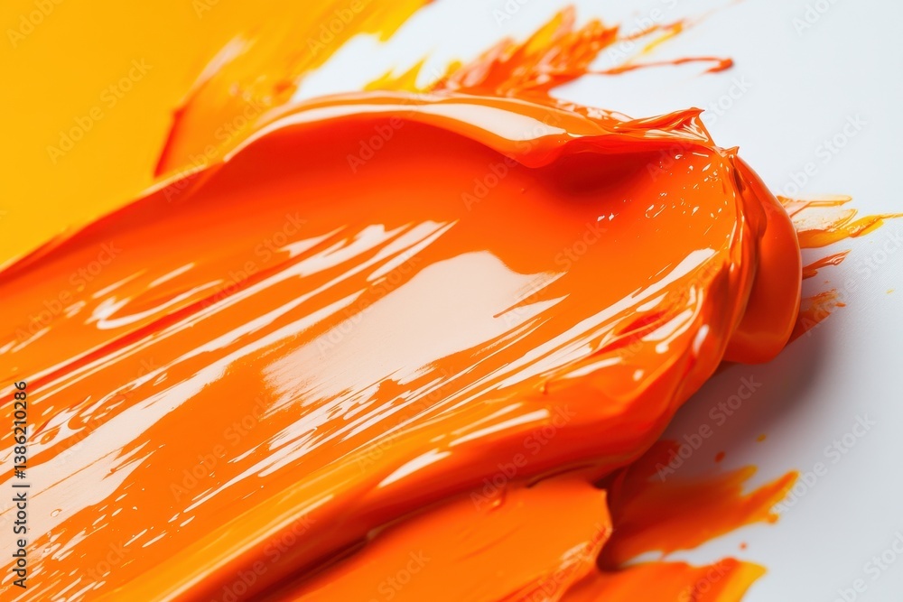 Poster vibrant orange paint splashes creating dynamic textures on a clean surface in a creative studio sett