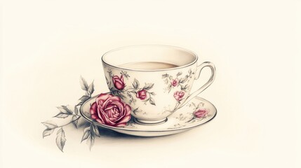 Fototapeta premium A classic teacup drawing with elegant details and floral accents