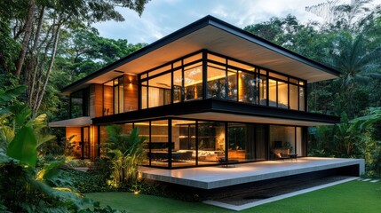 Modern Glass House in Lush Tropical Forest
