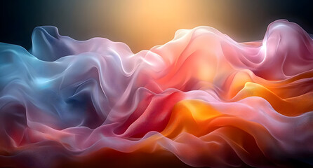 Obraz premium Abstract flowing waves of colorful smoke-like fabric are illuminated by a bright light source, creating an ethereal and dreamy atmosphere against a dark background.