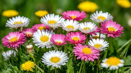 Obraz premium Close up of beautiful pink and white daisies in a field of green grass and yellow dandelions outdoors