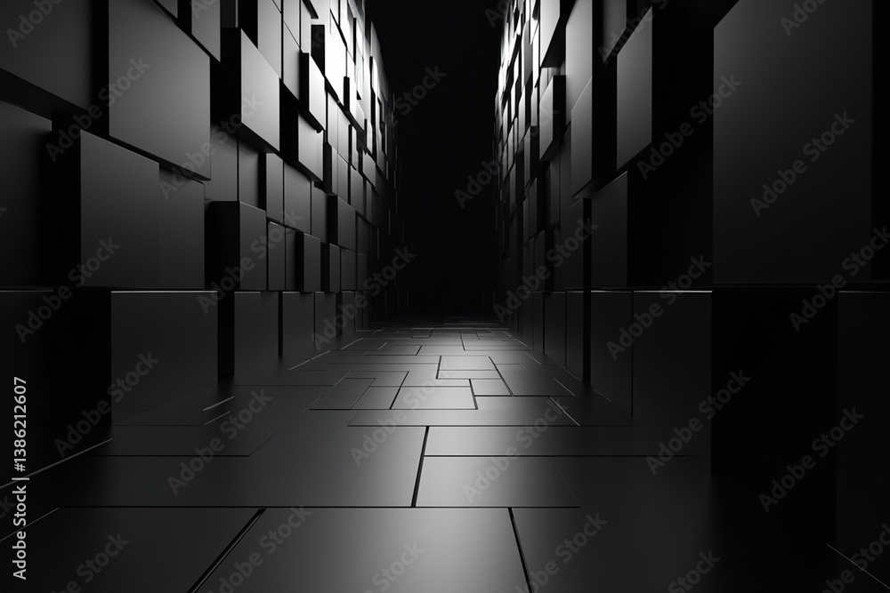 Poster abstract dark tunnel with cubes and tiles architectural design