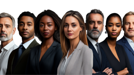 Group photo of a business team, collective photo of a business team, photo of a professional business team, business team made up of people from different cultures, on a transparent backgrounds
