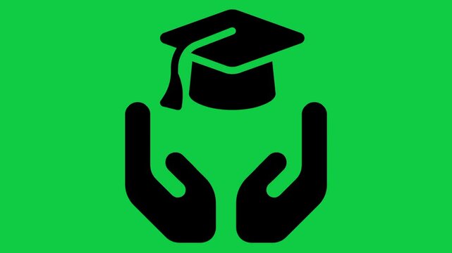 Hands Holding Graduation Cap Icon Animation, 4K Education Success Symbol Motion Graphic on Green Screen