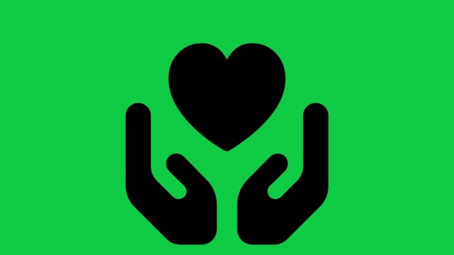 Hands Holding Heart Icon Animation, 4K Love and Care Symbol Motion Graphic on Green Screen