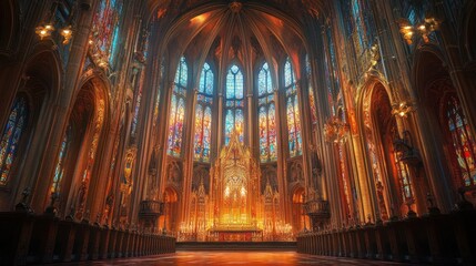 Obraz premium Awe-Inspiring Gothic Cathedral Interior: Stained Glass Splendor