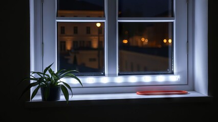Cozy Nighttime Window Scene with Illuminated LED Strip Lights, Featuring a Potted Green Plant and Red Tray, Overlooking a Softly Lit Urban Streetscape