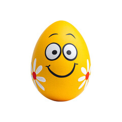 Yellow Easter egg with smiling face and flower pattern, isolated on white background