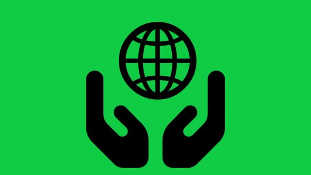 Hands Holding Global Icon Animation, 4K Earth Symbol Motion Graphic on Green Screen