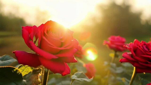 Vibrant red roses blooming in sunlit garden. concept of natural beauty, floral growth, and serene outdoor landscapes