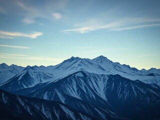 Majestic snow-capped mountains at dusk beneath a serene blue sky: a tranquil winter landscape