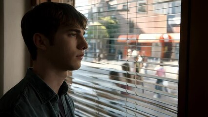 Young man gazing through window at bustling city life, contemplating urban environment