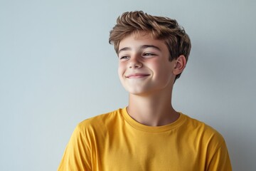 Smiling teenage boy in yellow t-shirt looking away, natural light portrait against light blue wall
