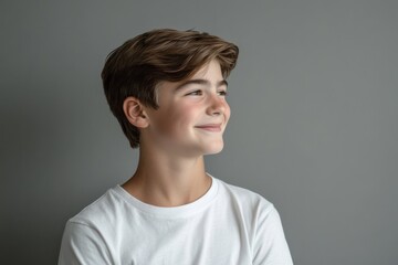 Smiling teenage boy in white t-shirt looking to the side against a gray background

