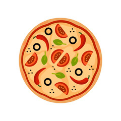  Top view vector whole tasty mexican pizza with tomato and hot pepper isolated on white background.