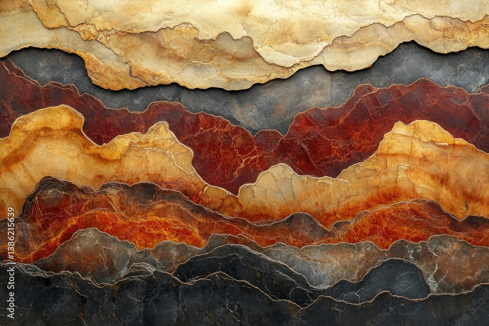 Poster abstract layered texture of earth tones, with wavy patterns resembling geological formations, in red