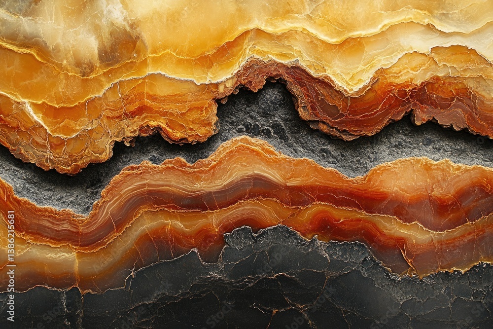 Poster striated bands of orange, brown, and gray create an organic, geological pattern and texture in the i