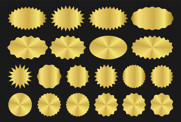 Set of gold sticker, template, mockup, tag, label. Round shiny smooth metal emblem. Award, medal oval element with uneven wavy zigzag edge, star shape. Isolated on black background EPS10 Vector