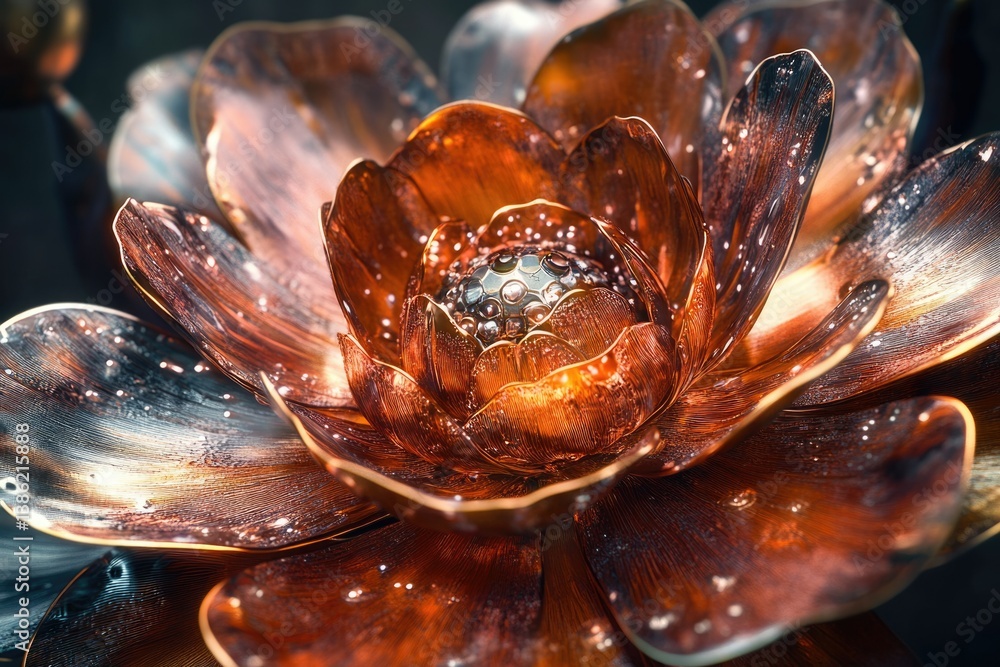 Poster a captivating macro shot unveils a flower with metallic petals, shimmering with ethereal light, show
