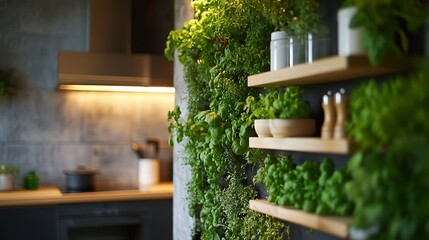 A kitchen wall hosts a vibrant herb garden for culinary use