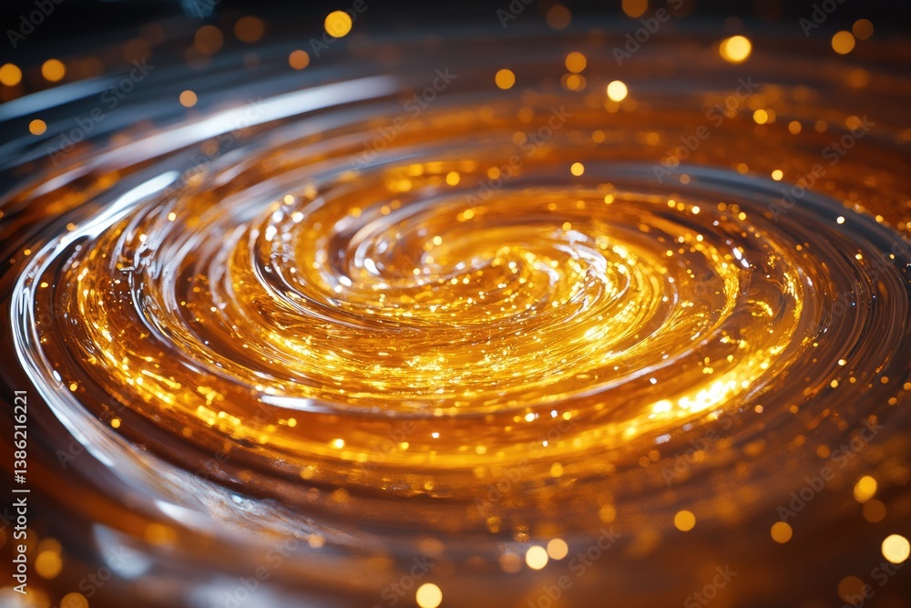 Poster Golden liquid vortex with sparkling lights swirling into a mesmerizing pattern, creating an elegant abstract design.