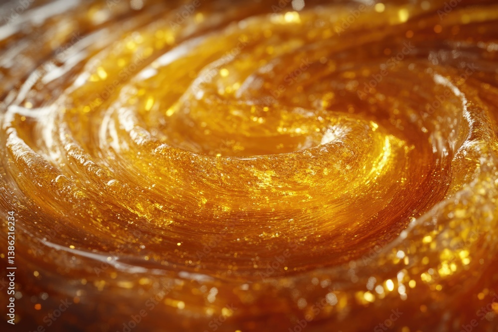 Poster a mesmerizing, glossy swirl of golden liquid with shimmering highlights and depth, creating an eye-c