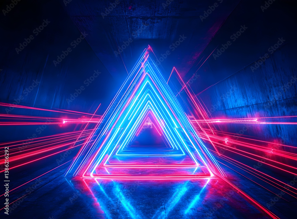 Poster vibrant neon triangle emitting blue light, creating a double exposure effect with red trails on a da