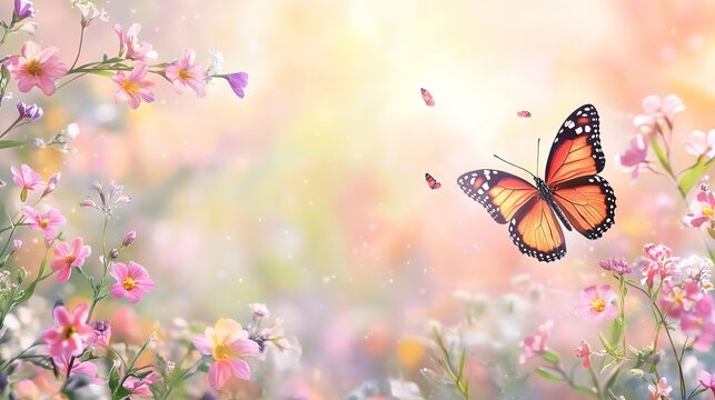 Beautiful butterfly flying in a flower garden nature scene spring summer background wallpaper image stock photo