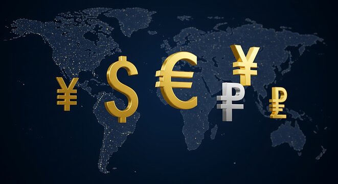 Global Currency Symbols: A 3D Rendered World Map Visualization AI Generated