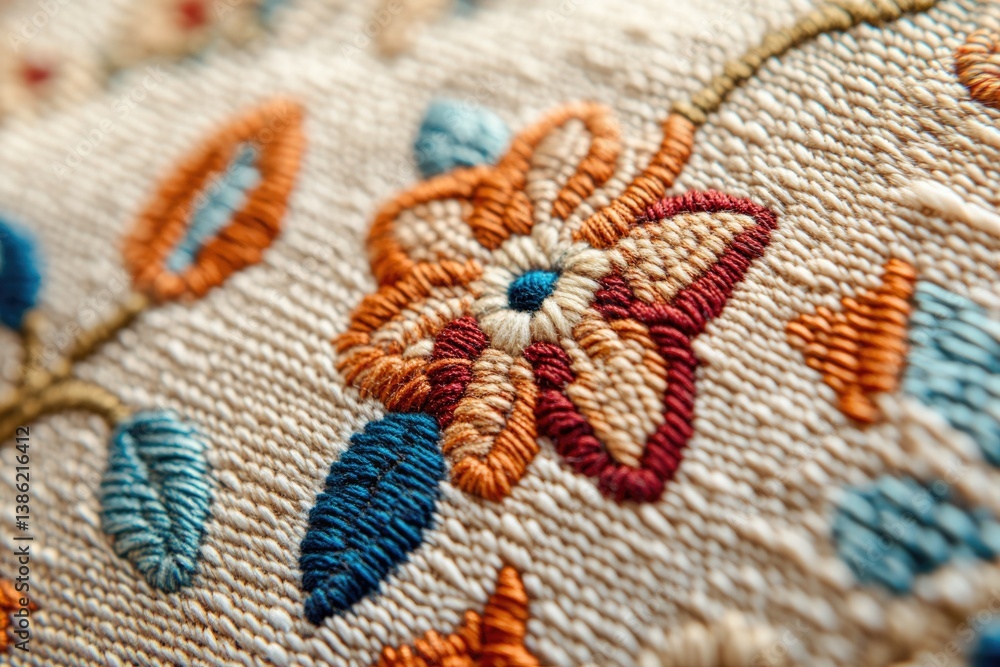 Poster close-up of beige fabric embroidery with colorful floral design and leaf patterns, showing textures 