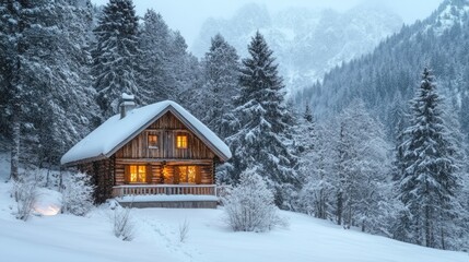 Naklejka premium Cozy Winter Cabin in Snowy Mountain Forest