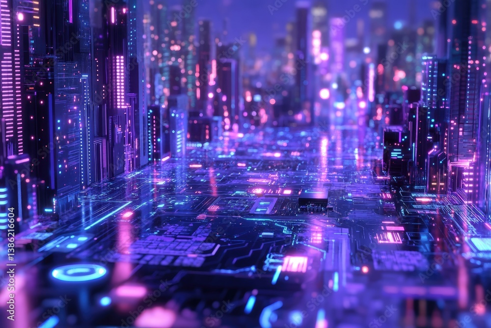 Poster a futuristic cityscape with glowing neon lights and circuit board textures, showcasing a blend of te