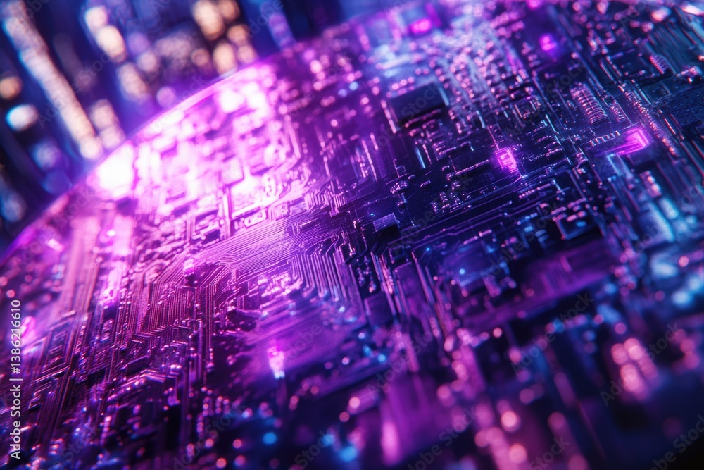 Poster a close-up of a motherboard with intricate circuitry, illuminated by vibrant neon pink and blue ligh