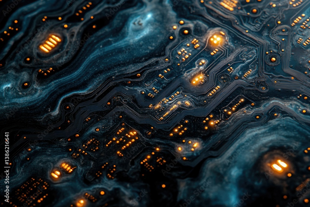 Poster abstract rendering of a motherboard, with glowing circuits and liquid metal effect, deep blue.