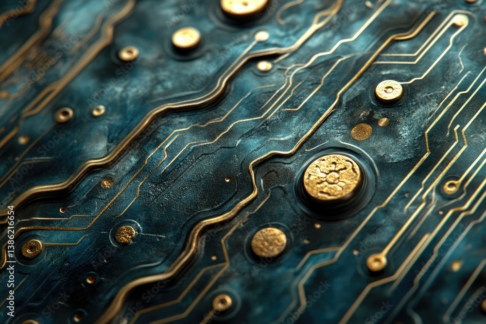 Poster a detailed close-up of a circuit board with golden lines on a teal background, showcasing intricate 
