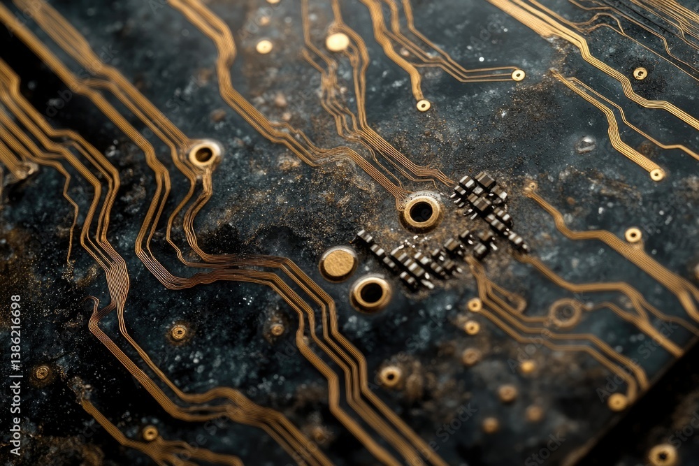 Fototapete Close-up view of a circuit board showing intricate golden traces and small electronic components, evoking technology and connectivity.