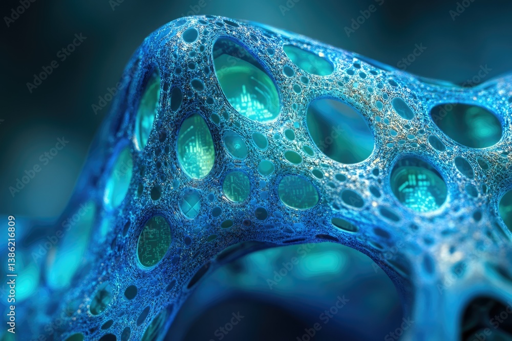 Poster Intricate blue structure with interconnected holes revealing circuit board-like patterns, showcasing a blend of organic and technological design.