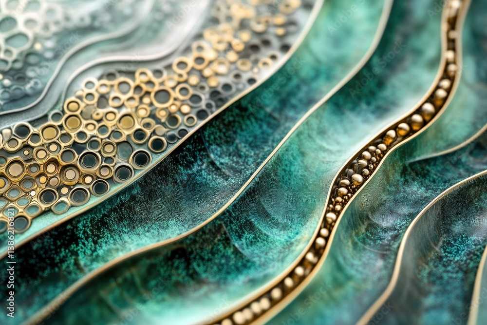 Poster abstract layers of teal, gray, and gold create a fluid, textured effect with intriguing organic shap