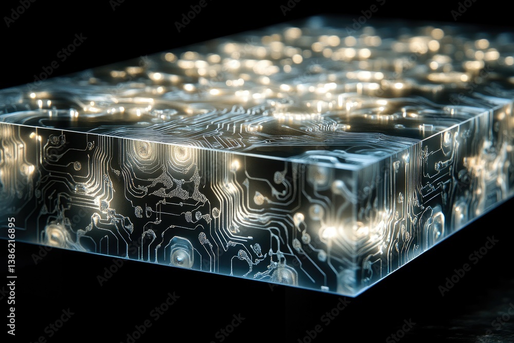 Fototapete A luminous block showcasing intricate circuit patterns and glowing nodes, set against a stark black backdrop, reflecting technology's complex beauty.