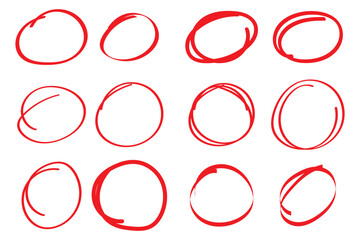red pen hand drawn doodle marks, red circle and oval stroke set. Outline red drawing line clipart symbol