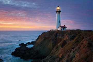 Naklejka premium Historic lighthouse guiding ships at dusk, guidance