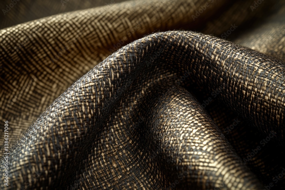 Poster Close-up shows textured fabric folds with dark, intricate patterns, emphasizing depth and tactile quality with subtle sheen.