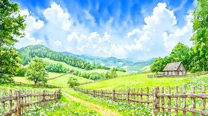 Naklejka premium Watercolor painting of a peaceful countryside landscape with blue sky