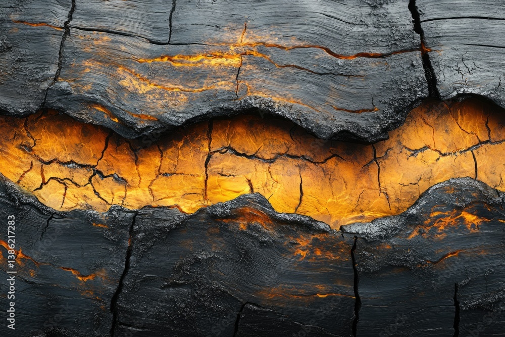 Aufkleber a close-up shot of charred wood with glowing orange cracks, displaying texture and the effects of fi