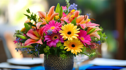 A joyful summer bouquet featuring gerbera daisies, lilies, and peonies, creating a colorful and lively centerpiece for any table.A joyful summer bouquet featuring gerbera daisies, lilies, and peonies,