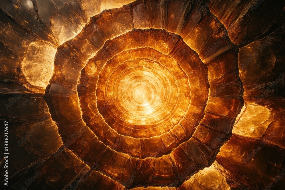 Poster abstract concentric circles emanating bright golden light, resembling a tunnel or a glowing portal w