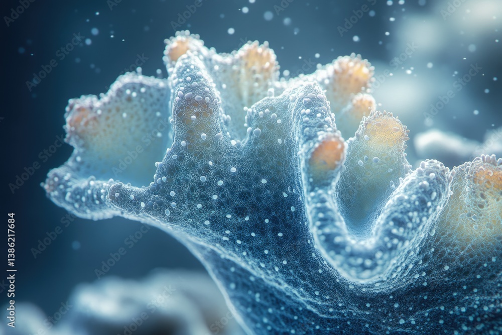 Poster macro shot of vibrant coral structure with intricate details and glowing tips, set against a blurred