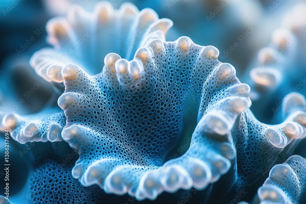 Poster a mesmerizing close-up of vibrant blue coral, highlighting its intricate texture and organic structu
