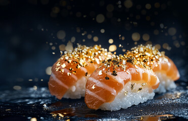 Luxury close up classic salmon nigiri, with gold foil dust, sushi featuring a fresh slice of raw salmon placed on seasoned sushi rice, displayed on a dark boho  background.