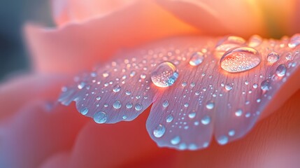 Close-up of dew drops on delicate pink petals in soft morning light